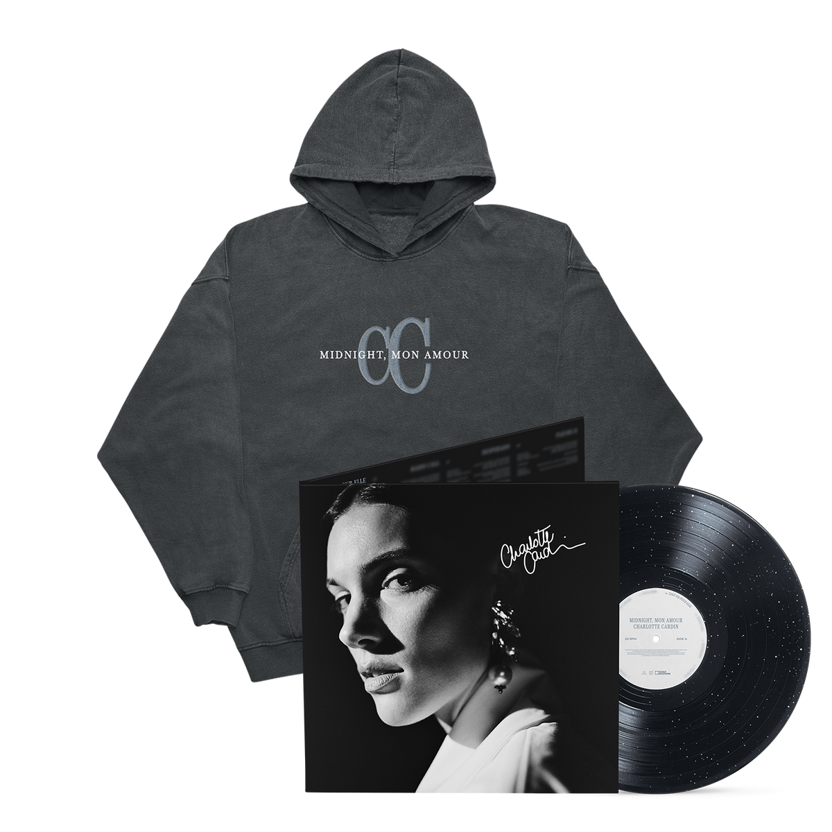 Vinyle « Midnight, mon amour » Édition exclusive Midnight Sky, signé + Hoodie noir délavé brodé