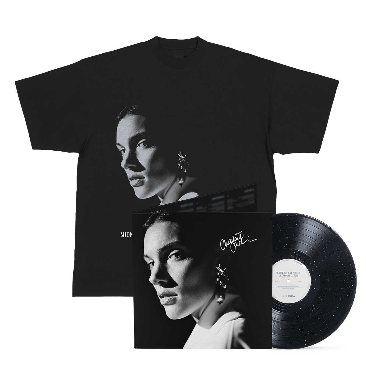Vinyle « Midnight, mon amour » Édition exclusive Midnight Sky, signé + T-shirt noir