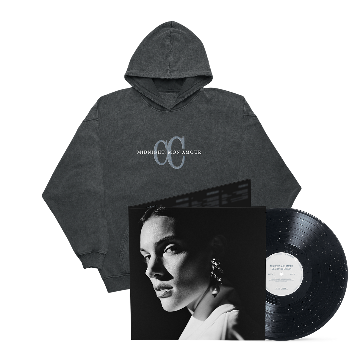 Vinyle « Midnight, mon amour » Édition exclusive Midnight Sky + Hoodie noir délavé brodé